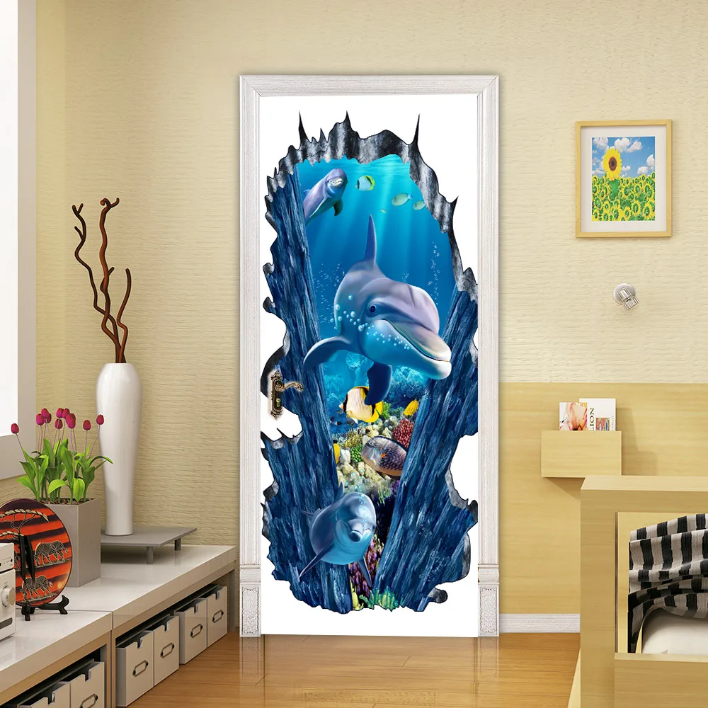 3D дверной стикер подводный мир Прекрасный Дельфин домашний декор DIY самоклеющиеся декоративные водонепроницаемые художественные Настенные обои с надписью