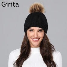Girita женская зимняя вязаная шапка Skullies Beanies, шапки с флисовой подкладкой, вязаные меховые женские теплые шапки с помпоном