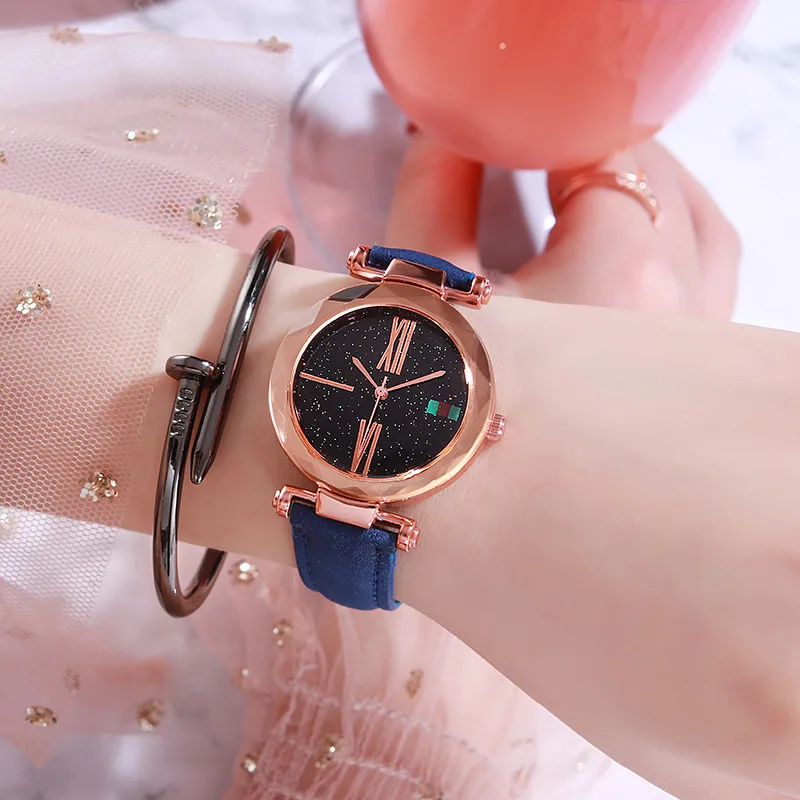 

Starry Sky Simple Women Watch Casual Minimalism Leather Business Watch for Female Rhinestone Roman Numeral Quartz Watches Girls