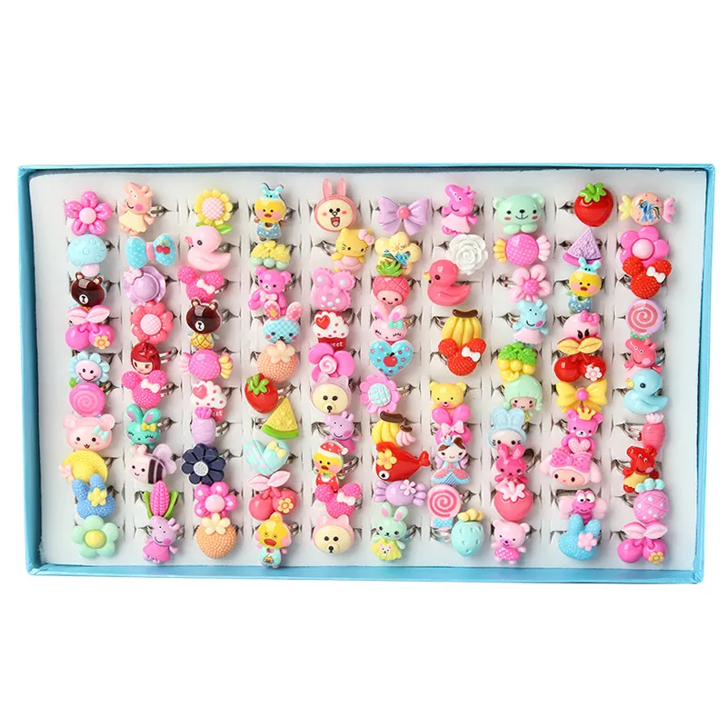 New Arrival Cute Resin Colorful Animal and Flower Kids Rings for Girls Children's Day Gift Finger Jewelry 100pcs