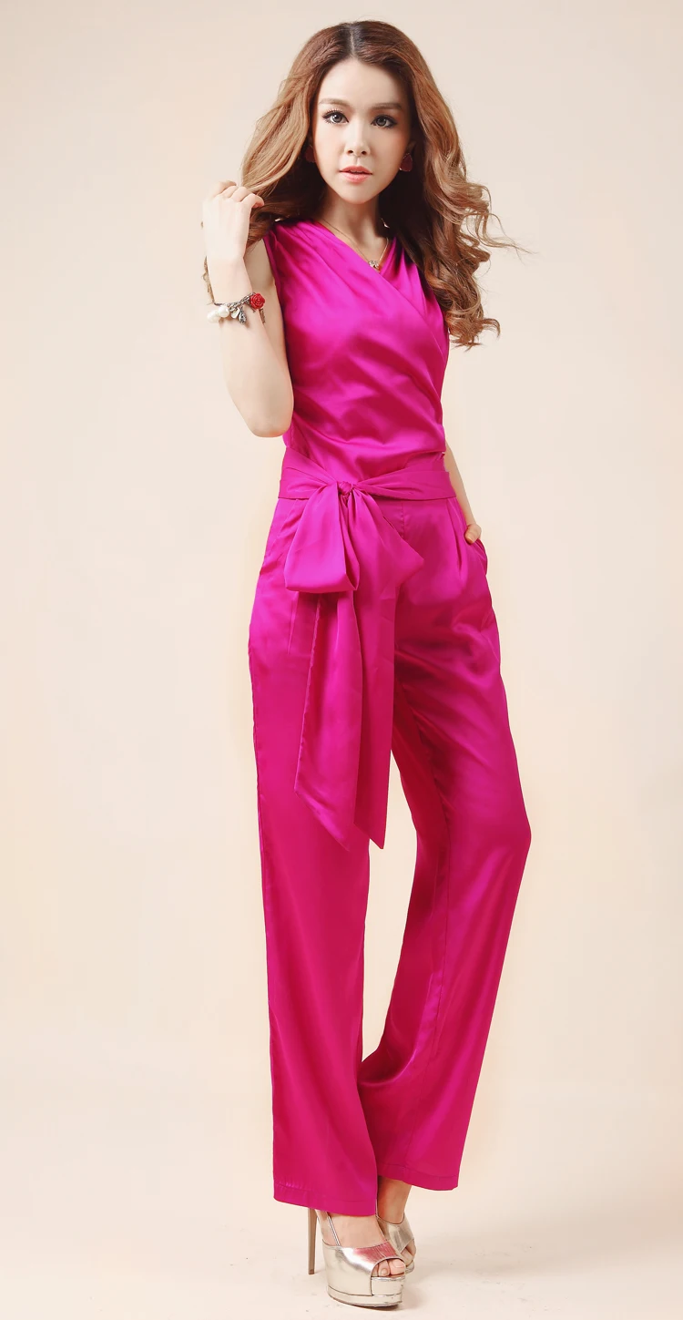 Летний OL формальный модный комбинезон с v-образным вырезом для женщин Шелковый элегантный повседневный длинные брюки черные прямые брюки