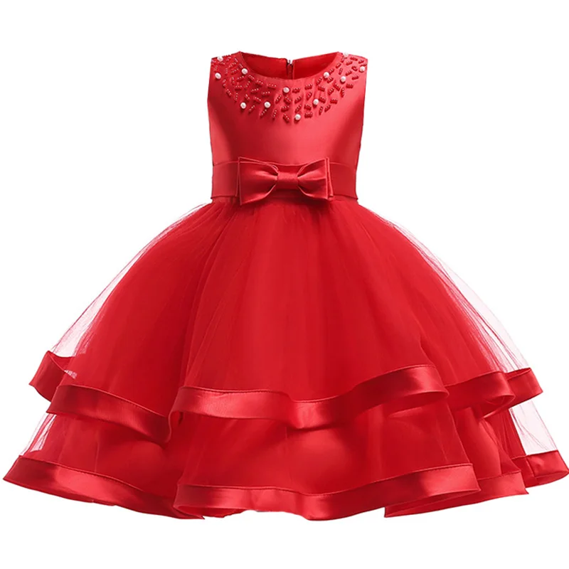 Одежда для детей; сетчатые Платья с цветочным узором и бусинами для девочек; бальное платье; одежда для первого причастия; платье принцессы; костюм для малышей; vestido comunio - Цвет: red