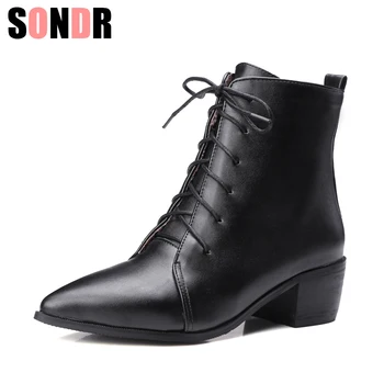 

Woman Boots Leather Lace up Women Ankle Boots Round Toe Comfy Ladies Autumn Winter Shoes Square heel Female Boots