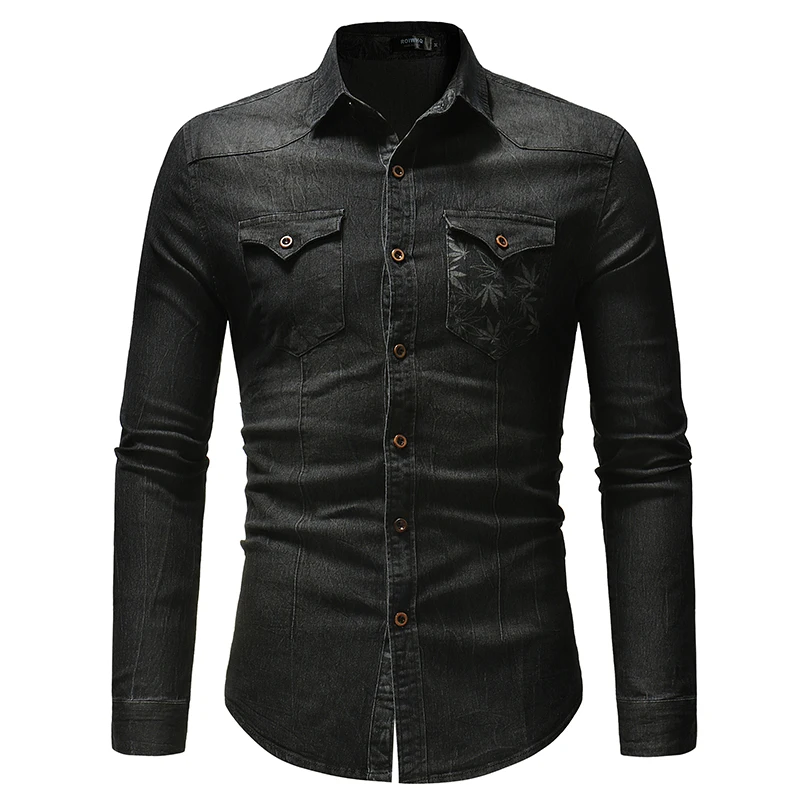 2018 New Jeans Shirt Men Long Sleeve High quality Printing Mens Shirt Pure Cotton Breathable Denim Shirt Casual Plus Size 3XL