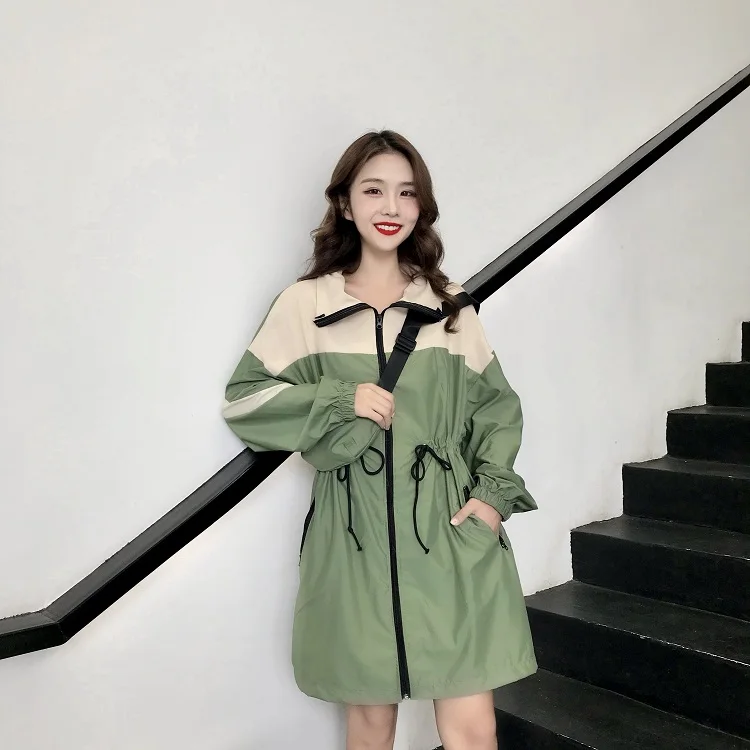 Тренч для женщин со стоячим воротником Лоскутная конструкция шнурок талии с длинным рукавом ветровка пальто для женщин s шикарный корейский стиль свободный