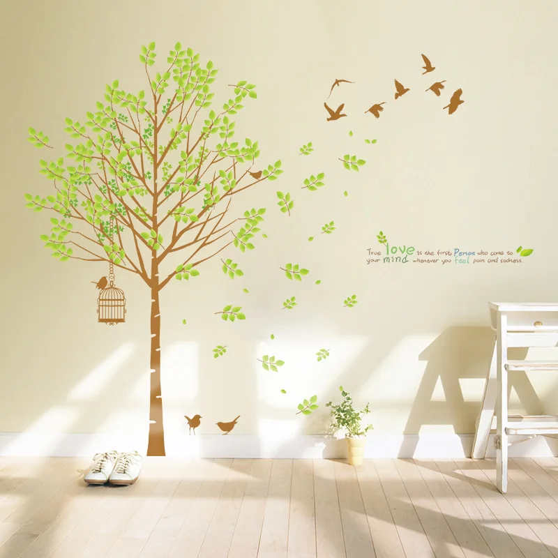 

3D Wall Art 103*121cm Family Big Green Tree Birds Vinyl Wall Sticker Living Room Bedroom Decoration Nature Wall Posters Murals