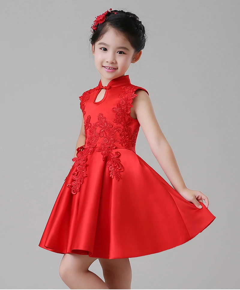 Дети реального для девочек принцесса, традиционное китайское платье с цветочным узором для девочек Одежда для свадьбы, дня рождения Китайский костюм Cheongsam кружевная ткань - Цвет: red one piece