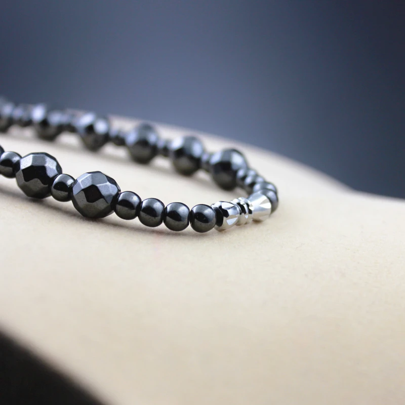 Shiny Magnetic Hematite Faced Beads Necklace 8mm with Small Round Beads Handmade Jewelry Healthy Power Necklace