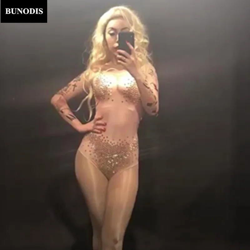 

ZD216 Women Sexy Gold Color Sparkling Crystals Bodysuit Nightclub Party Stage Wear Performance Costumes Singer Dancer Clothing