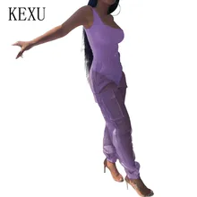 KEXU Rompers Women Fashion Organza Jumpsuits Casual Two Pieces Set Sleeveless Top and See Through Mesh Pants Ladies Playsuits KEXU Rompers Women Fashion Organza Jumpsuits Casual Two Pieces Set Sleeveless Top and See Through Mesh Pants Ladies Playsuits