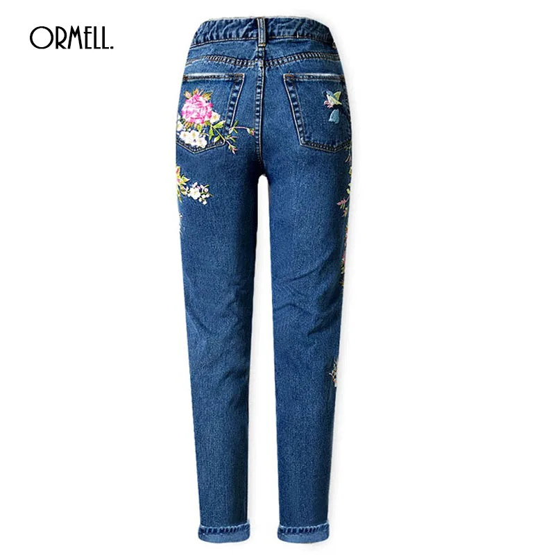 Ormell Цветочные птицы женские джинсы с вышивкой синие повседневные 3D брюки капри Весна Лето прямые джинсы с карманами женские низ