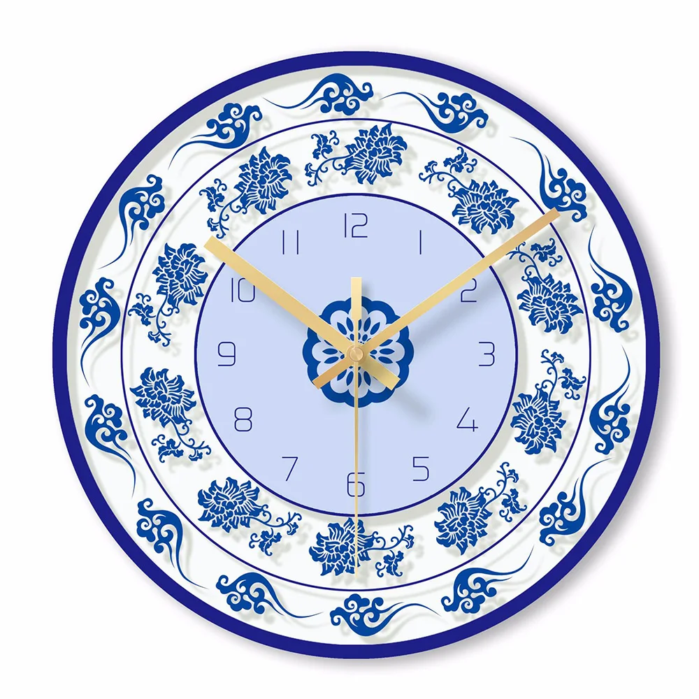 Китайские традиционные синие и белые домашние декоративные настенные часы, кварцевые круглые часы, Стеклянные Настенные часы, украшение для гостиной