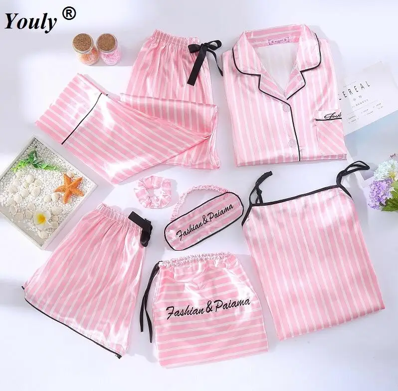Женские розовые пижамные комплекты из 7 предметов, атласное шелковое женское белье для домашней носки, пижамный комплект, женские пижамы в полоску, ночная рубашка с принтом, костюм - Цвет: stripe pink
