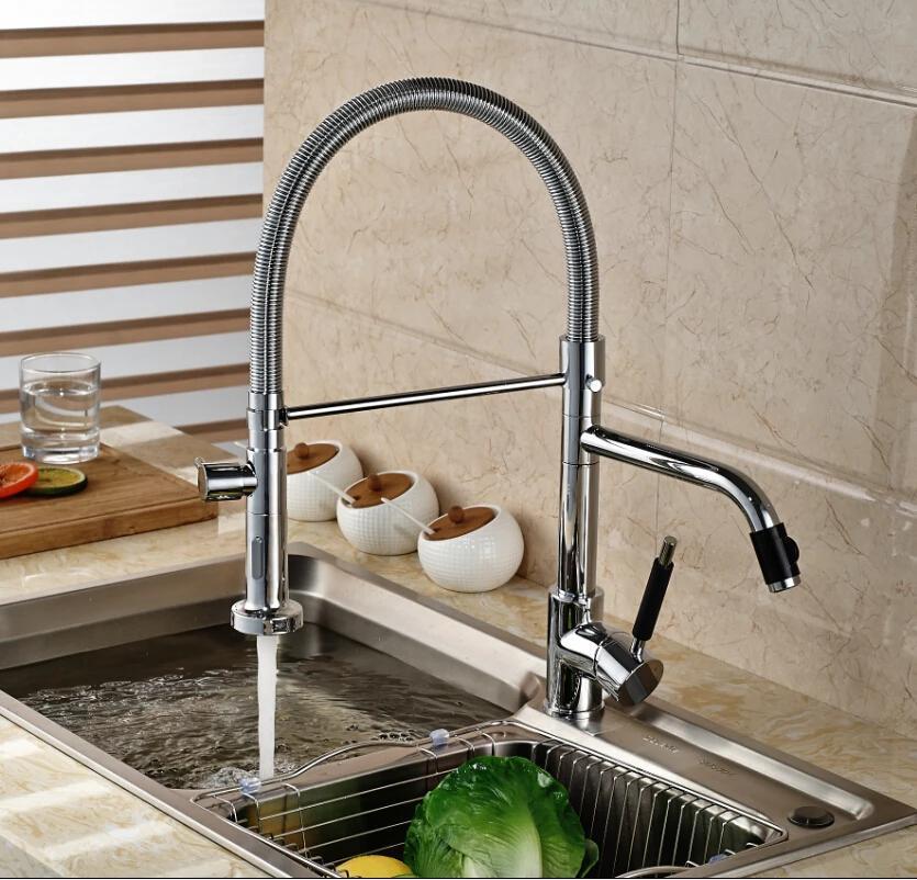 Luxury Dual Spout Pull Down Side Sprayer Kitchen Sink Faucet Deck Mount Hot Cold Kitchen Water Taps