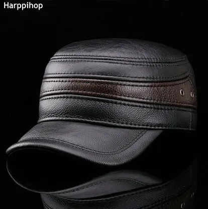 HARPPIHOP, меховая модная военная шапка из овчины, Кадетская шапка, шапка для мужчин, натуральная кожа, шапка для пятидесяти лет, теплая шапка с ушками - Цвет: Черный