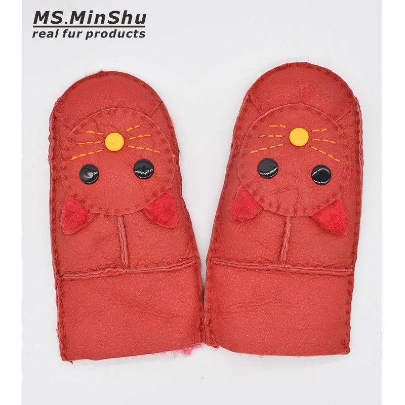 Ms. MinShu/Детские перчатки из овчины, меховые варежки, детские кожаные перчатки, Детские Зимние теплые перчатки из натуральной овчины, меховые перчатки