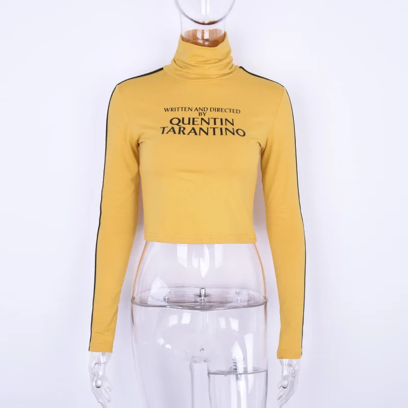 Написанная и направленная Квентин Тарантино короткая футболка женская желтая Сексуальная укороченная футболка Tumblr в полоску с длинным рукавом хлопковая Футболка с принтом - Цвет: Long Sleeve Tops