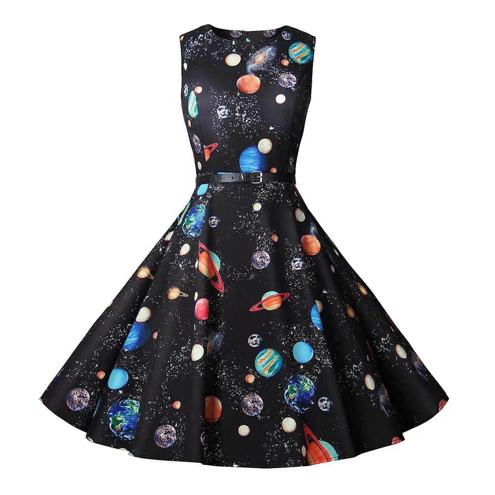 Summer Dress Women New Cosmic Planet Print Vintage Dress With Belt Sleeveless Elegant Party Retro Dresses Sundress Vestido