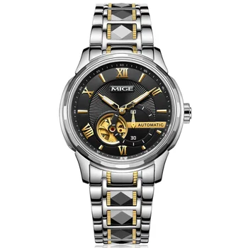 

2017 New freeshipping tungsten watchband black white watchface Automatic Men's watch waterproof Skeleton Mechanic Man Wristwatch