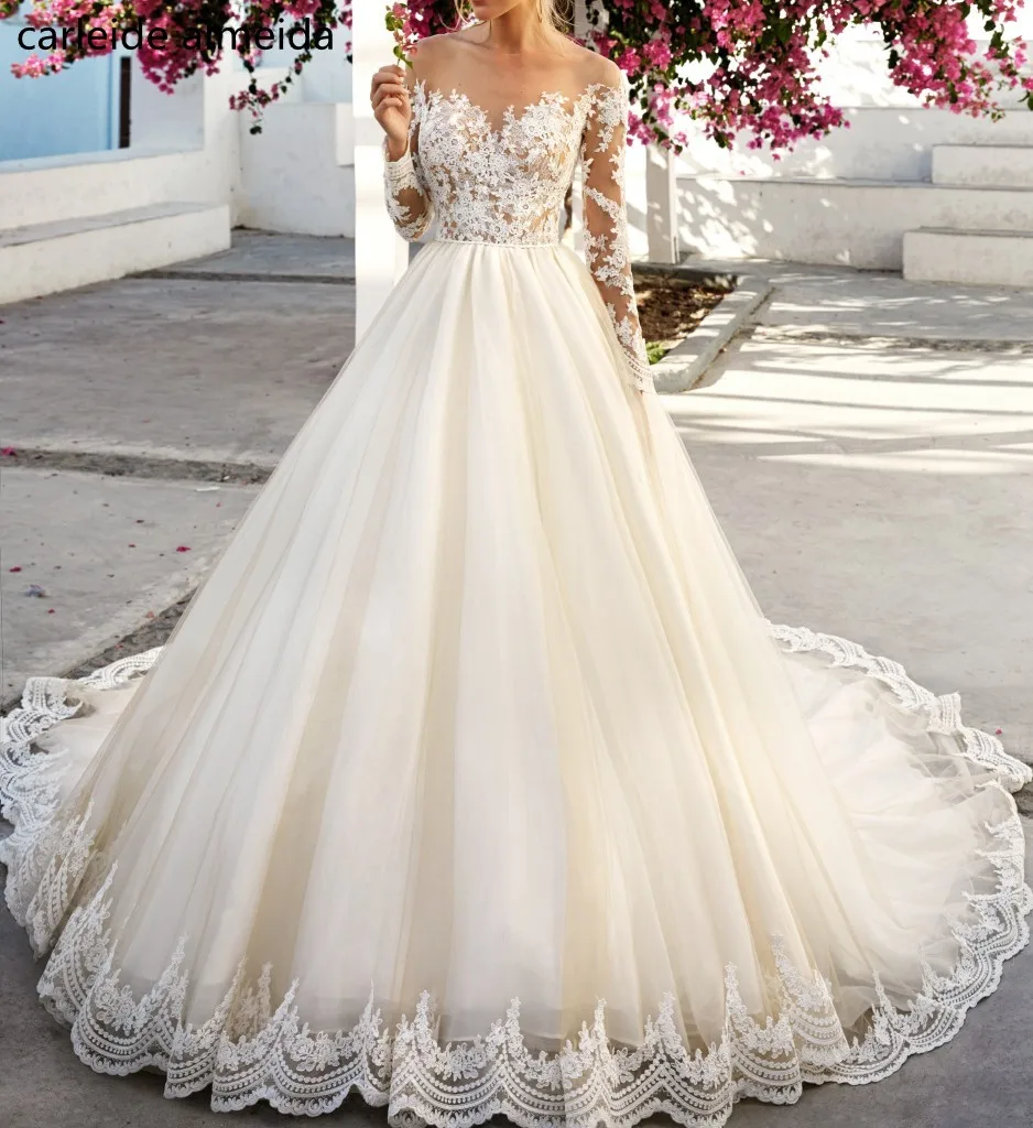 

Robe de mariee See Through Bodice Romantic Wedding Dress 2019 with Lace Appliques Bride Dress Chapel Train Abiti da sposa