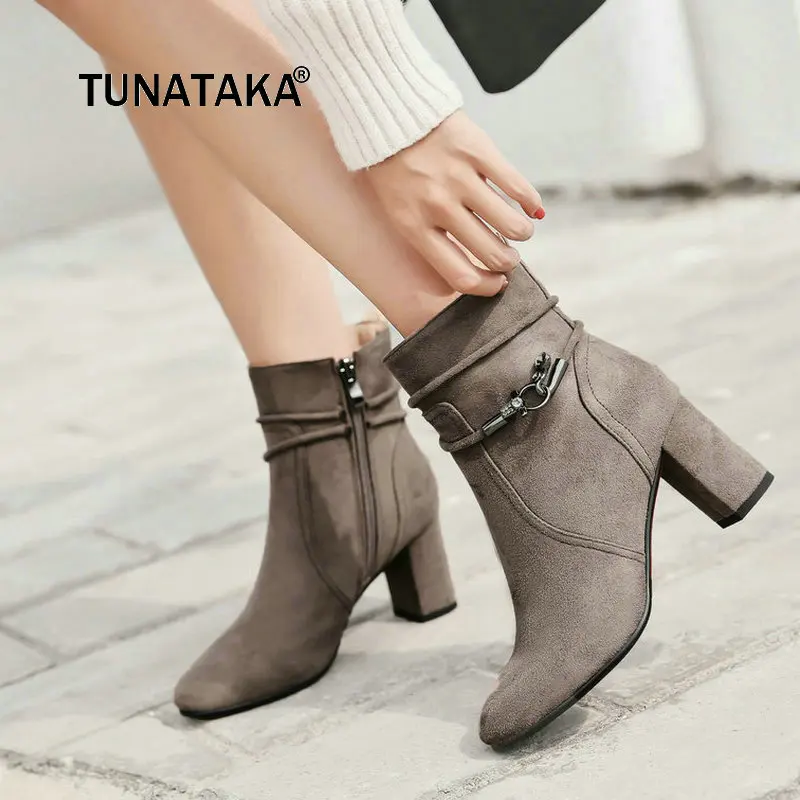 

Winter Comfortable Square Heel With Side Zipper Ankle Boots Fashion Crystal Pointed Toe Women Shoes Khaki Black
