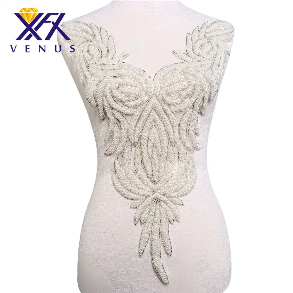 

XINFANGXIU 1 pc Handsewn pearls applique beads embroidery patches large size big trimming motif for women garment