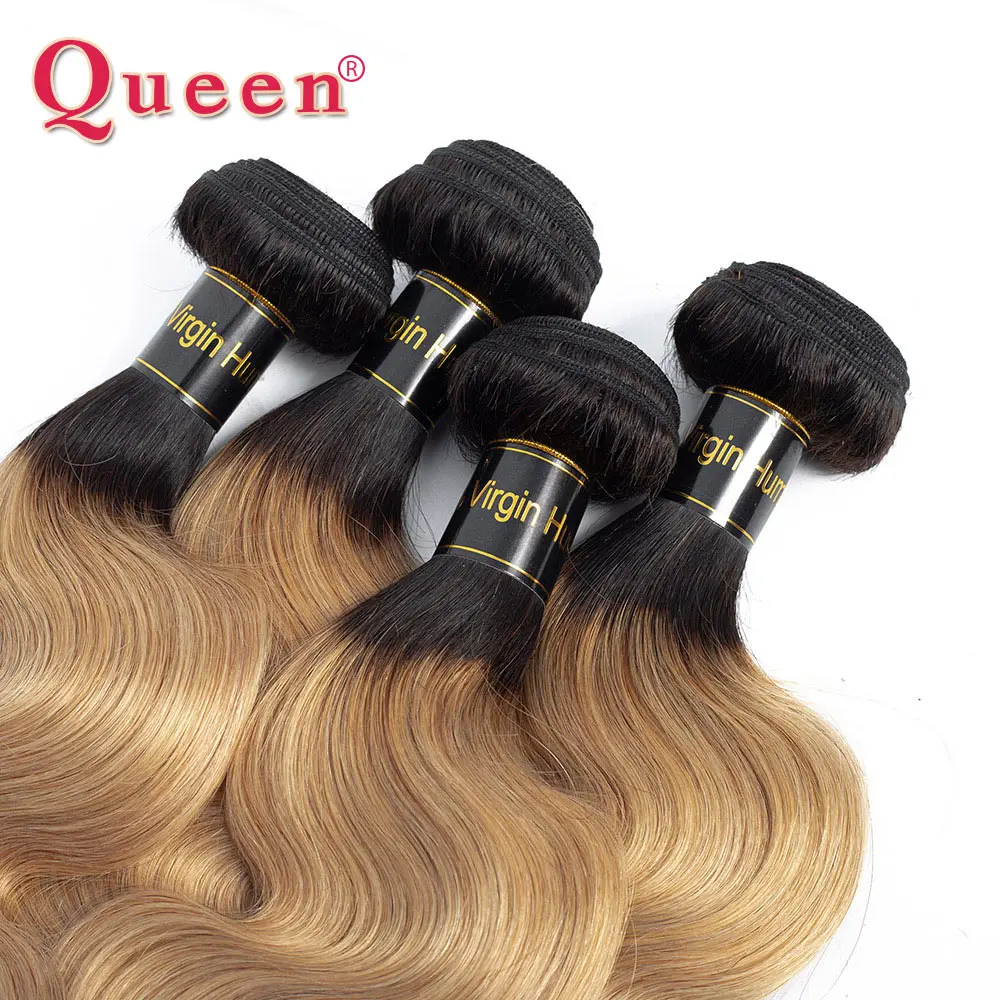 Queen hair продукты человеческие волосы Связки с закрытием 3 Связки с закрытием кружева 1B/27 Ombre блондинка перуанский тела волосы remy