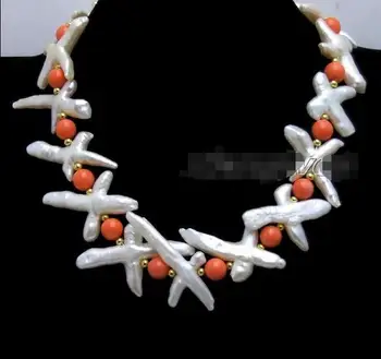 

20x35 mm White Cross Natural FW Nuclear Pearl & Pink Coral 20" Necklace