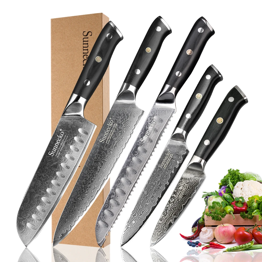  SUNNECKO 5PCS Kitchen Knives Set Santoku Utility Paring Knife Damascus Steel Japanese Cutter Tool G - 32929331437