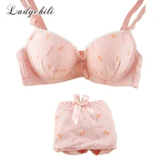 Для женщин Нижнее бельё 4 Карамельный цвет милый бант в горошек печати бюстгальтер и трусики Комплект Лолита Нижнее Бельё для девочек белье юниоров Бюстгальтер для девочек Набор Push Up n143