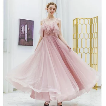 

2019 Romantic Prom Dresses Pink Tulle Ruffles Evening Dresses Long A Line Formal Party Dresses Spaghetti Strap Robe De Soire