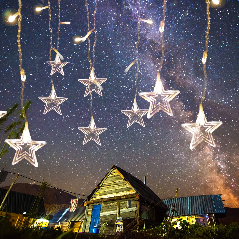96 Светодиодный s 3,5 M светодиодный струнный светильник пентаграмма звезда занавеска из светодиодных лампочек Звездные гирлянды Рождественские огни новогодние вечерние украшения