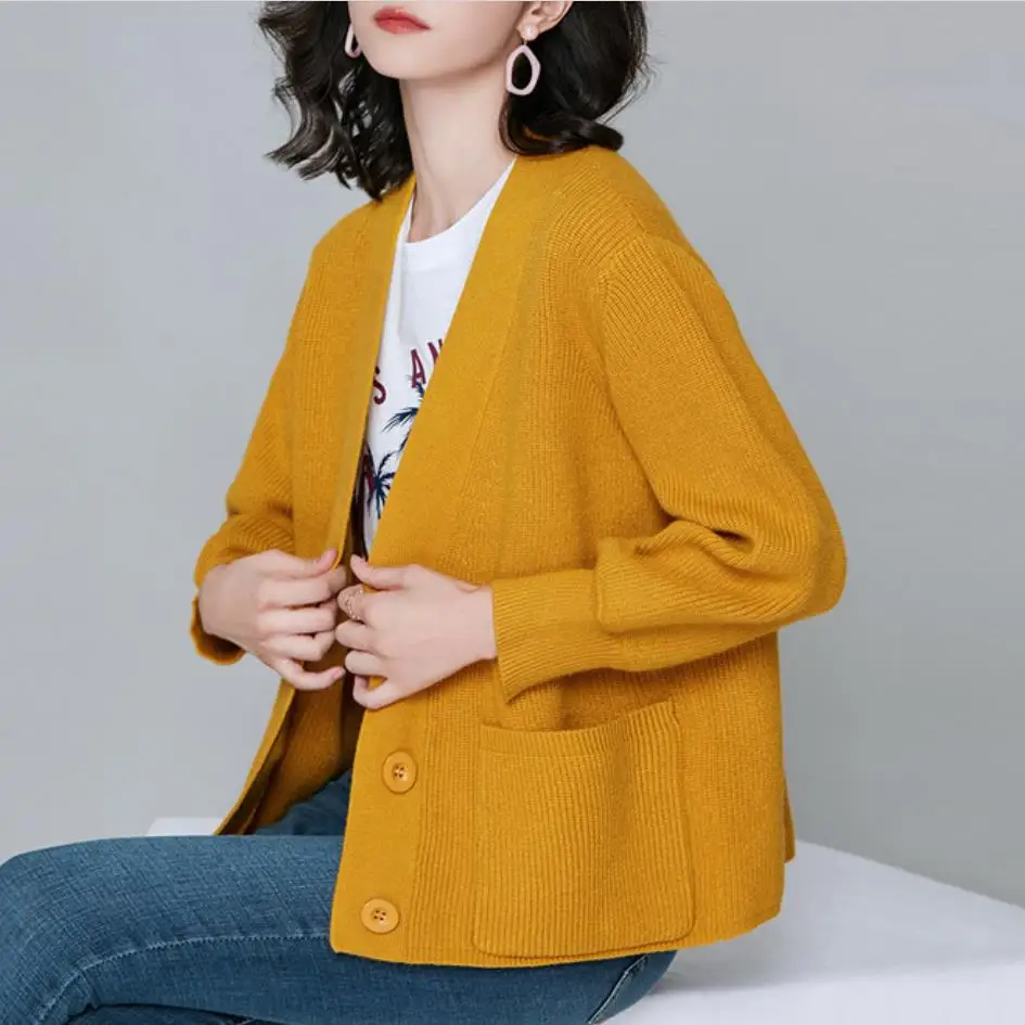 Casual Knitted Cardigan Autumn Korean Women Loose Solid Color Pocket