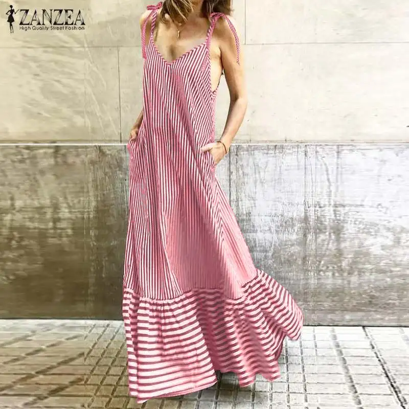 

ZANZEA 2019 Women's Ruffle Striped Dress Elegant Summer Sundress Fashion V Neck Maxi Vestidos Female Beach Robe Plus Size 5XL