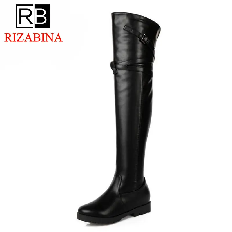 

RIZABINA Office Lady Motorcycle Flats Boots Zipper Warm Fur Shoes Winter Over Knee Boots Women Fashion Punk Footwear Size 34-39
