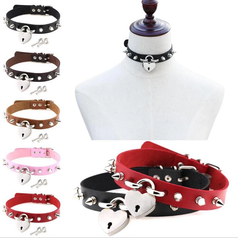 

Women Bijouterie Sexy Lock Heart Punk Choker Pendant Leather Necklaces Harajuku Rivet Torques Collar Charm Maxi Neck Jewelry