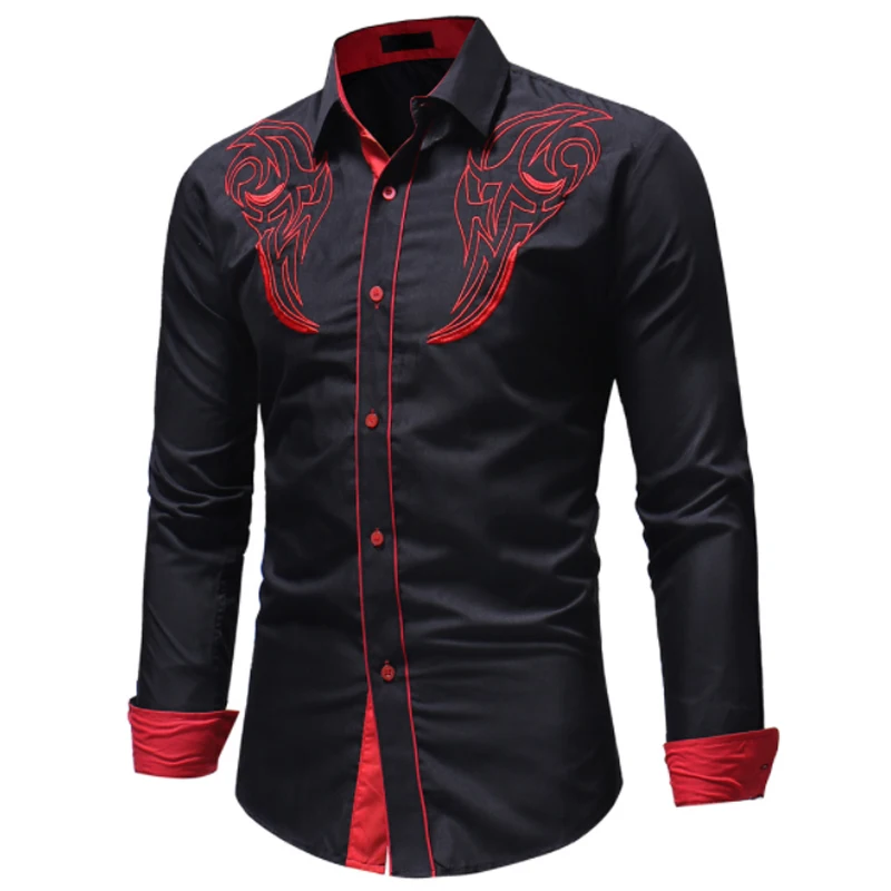 

2018 Fashion Male Shirt Long -Sleeves Tops Embroidery Cotton Shirt Mens Hawaiian Dress Shirts Slim Men Shirt Plus Size 3XL