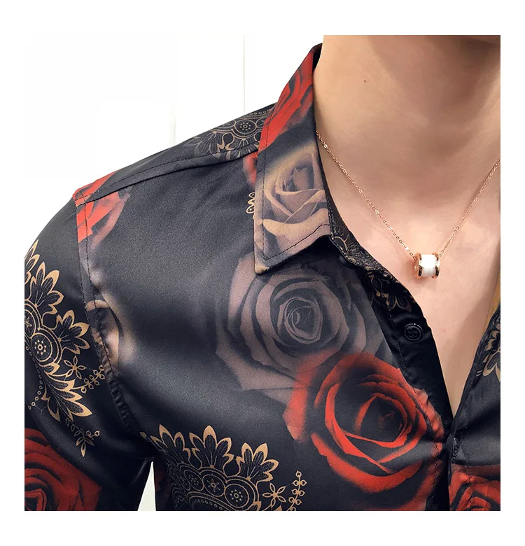 Мужские азиатского размера Повседневная рубашка высокого качества винтажная роза цветочный принт роскошный дизайн мужская с длинным рукавом тонкая рубашка