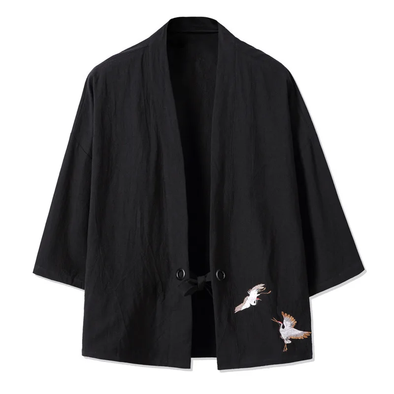 Хлопковая льняная рубашка куртки Harajuku Кимоно Кардиган для мужчин китайская уличная вышивка плюс размер кимоно куртка Свободная верхняя