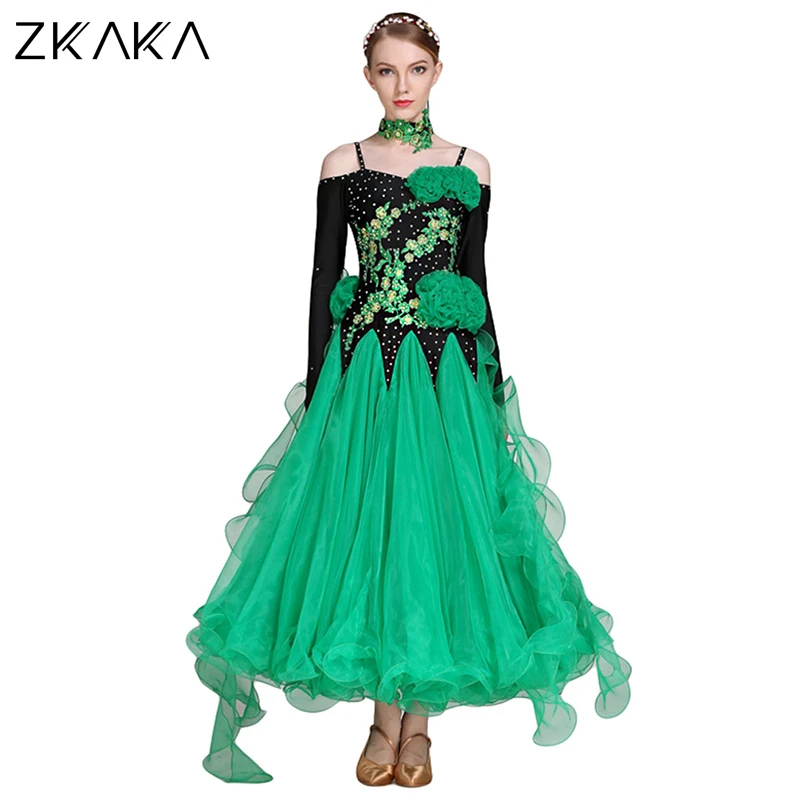 

ZKAKA Round Neck Long Sleeves Performance Dress with Rhinestone and Velvet Design
