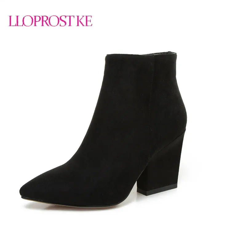 

LLOPROST KE Women Ankle Boots 2017 Winter Simple Zipper Thick High Heel Boots Short Boots Pointed Toe Women Shoes 32-43 LYZ090
