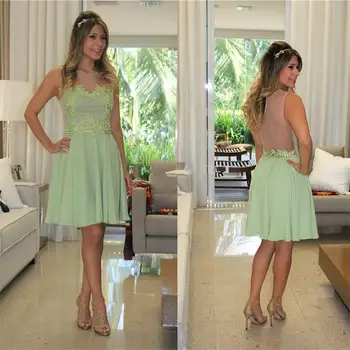 

2020 See Through Sage Appliques Chiffon A-Line Cocktail Dresses Knee Length Party Dresses Fashion Ruched Sleeveless Dress