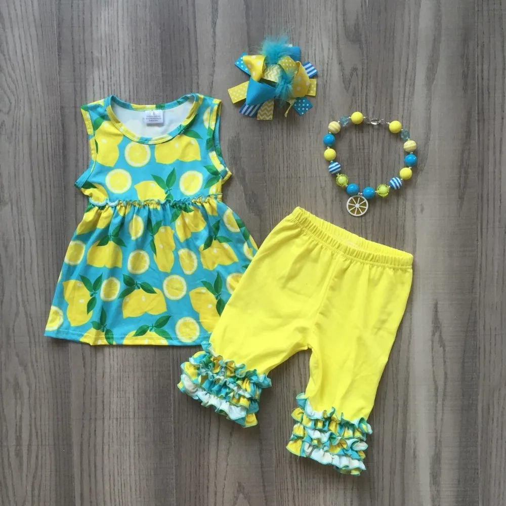 

new arrivals summer baby girls children clothes boutique outfits sets yellow blue lemon ruffles top capris match accessories kid