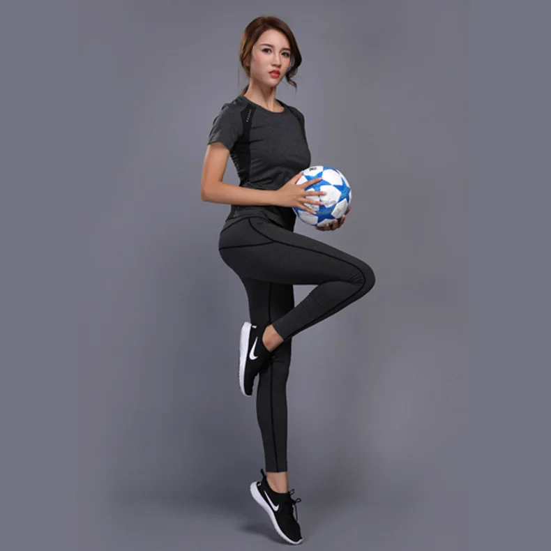 GXQIL, женский спортивный костюм, спортивная одежда, женский спортивный костюм, для спортзала, йоги, фитнеса, набор, Спортивная футболка, леггинсы, топ, для бега, для пробежек, женская одежда - Цвет: Черный