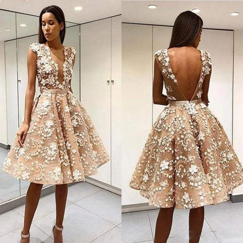 Elegant Robe De Soiree Champagne Short Homecoming Prom Dresses Sexy Open Back Lace Appliqued Knee-Length Tulle Cocktail Party Dresses Formal139