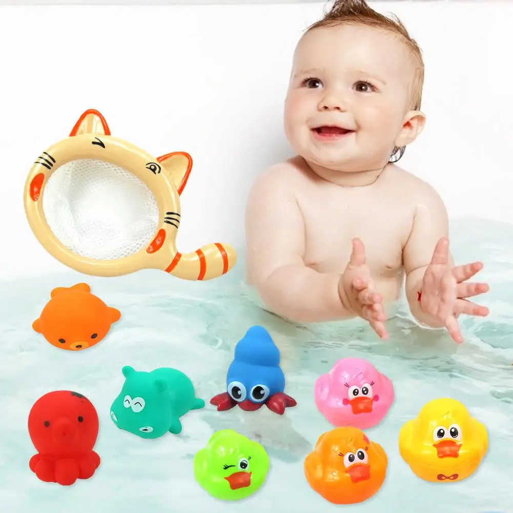 9 шт., детские игрушки для купания с животными, водными жуками, поплавок, Сжимаемый звук для мытья ванной, для купания, Детские милые Мультяшные игрушки, утка, Бегемот