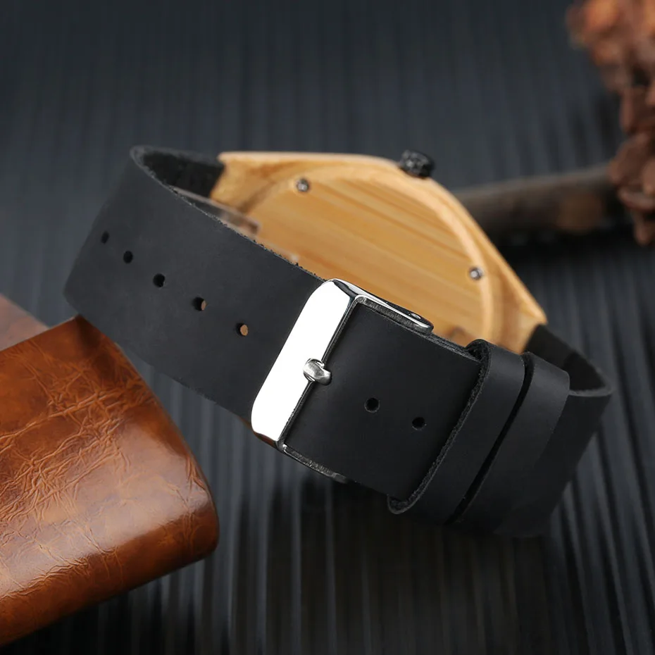 Fashion Genuine Leather Band Strap Creative Men Women Quartz Wood Watch Black World Map Carving Nature Bamboo for Gift  (7)