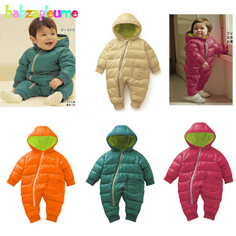 En Ligne 0 18Months Hiver Nouveau Né Barboteuses Unisexe Snowsuit Bébé Filles Garçons Vêtements À Capuche Chaud Épais Infantile Combinaison Enfants Vêtements BC1351