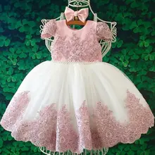 Модное Розовое Бальное платье с аппликацией расшитый кружевом и круглым вырезом с короткими рукавами для девочек