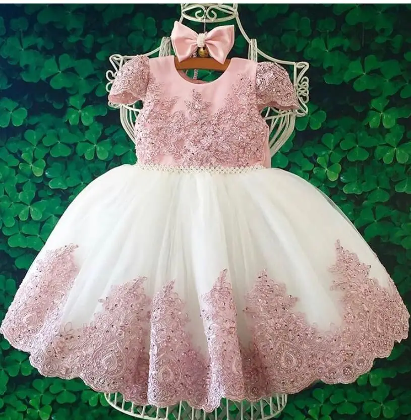 Fashion Pink O Neck Appliqued Beaded Lace Short Sleeve Ball Gown Flower Girl Dresses | Свадьбы и торжества